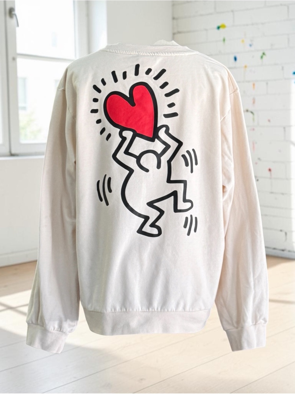 Keith Haring LOVE Heart Graphic Sweatshirt Cream XL Pop Art - Picture 3 of 8
